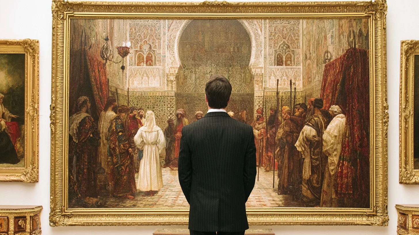 A man in a dark suit stands from behind before a large gilded Orientalist painting in a museum gallery